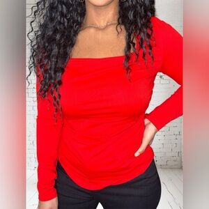 SHEIN Red Square Neck Long Sleeve Top – Sleek & Stretchy, Size L